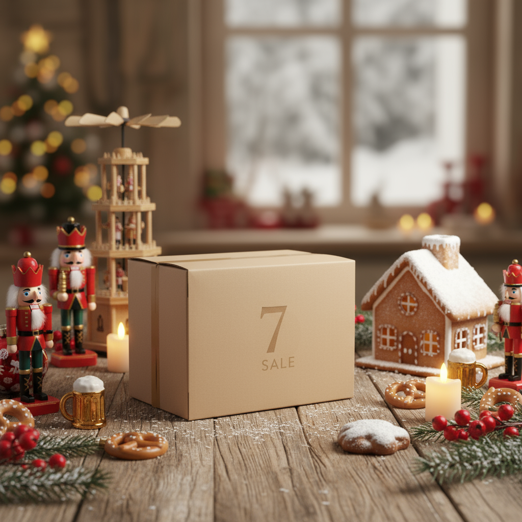 Weihnachtlich dekorierte Szene mit Nussknackern, erzgebirgischer Pyramide, Lebkuchenhaus und einer Geschenkbox für einen 7-tägigen Adventskalender auf einem Holztisch vor winterlichem Fenster.