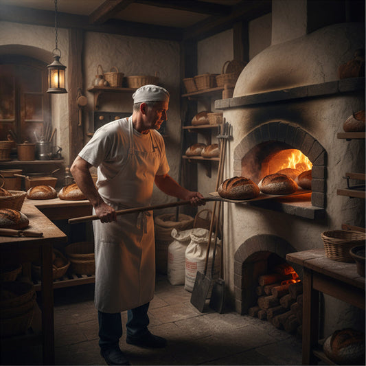 Deutscher Bäcker backt Schwarzbrot im Holzofen – traditionelles deutsches Brot