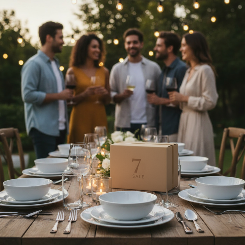 Feierlich gedeckter Tisch im Freien mit stilvollem Geschirr, Kerzen und 7SALE Geschenkbox, im Hintergrund steht eine fröhliche Gruppe junger Menschen mit Weingläsern – perfekte Inspiration für Familienfeier oder Freundetreffen.