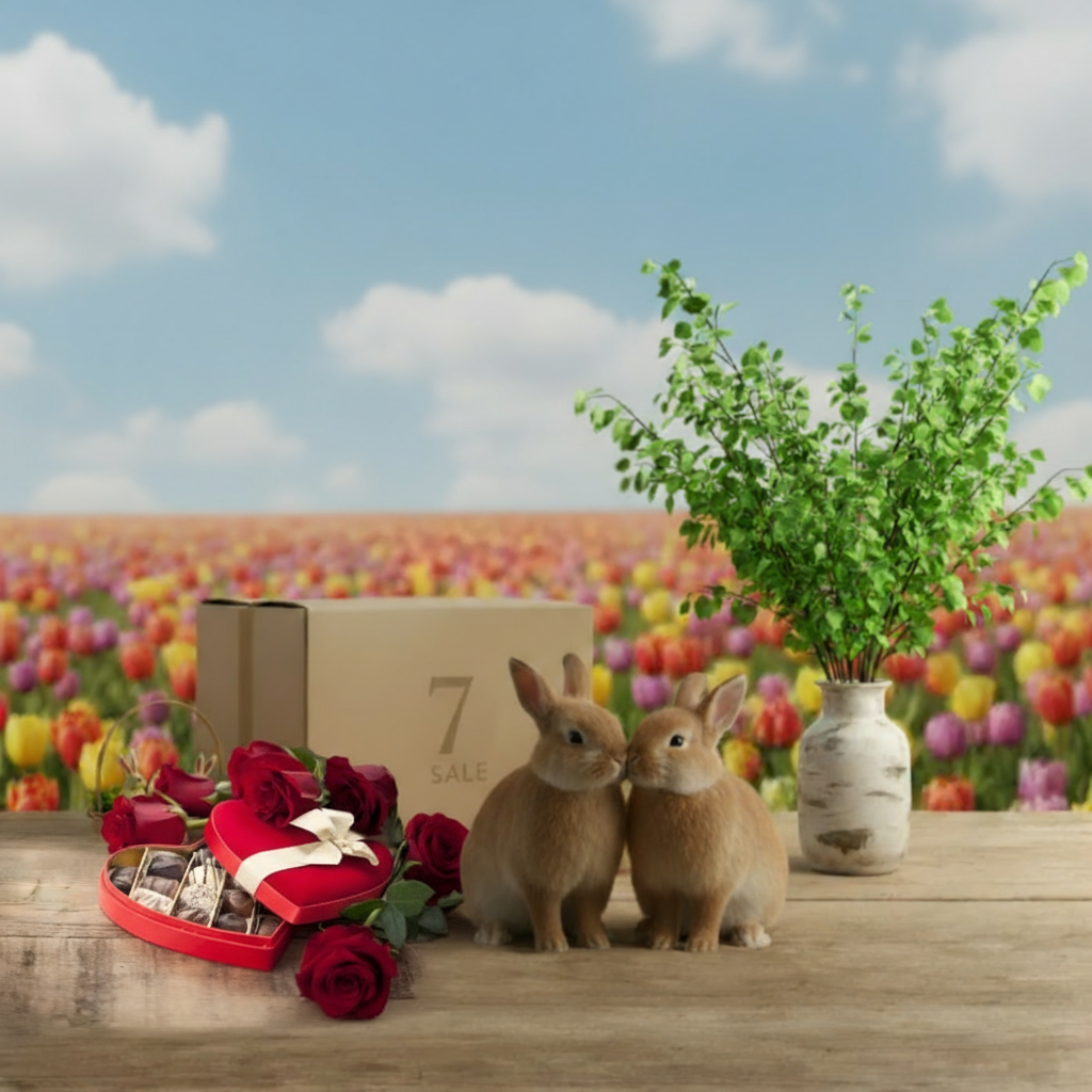 Frühlingshafte Geschenkbox von 7SALE mit zwei niedlichen Hasen, roten Rosen, Pralinenherz und grüner Vase auf Holztisch vor blühendem Tulpenfeld – perfekte Überraschung zu Ostern oder Valentinstag.