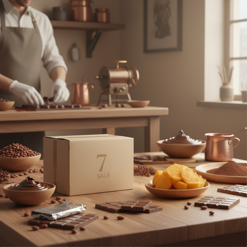 Handgemachte Schokolade und edle Pralinen aus der Confiserie, stilvoll präsentiert mit Schokoladen-Tafeln, Nüssen und Orangen neben der 7SALE Geschenkbox – beste Auswahl für Genießer, Schokoladenliebhaber und kulinarische Heimatmomente.