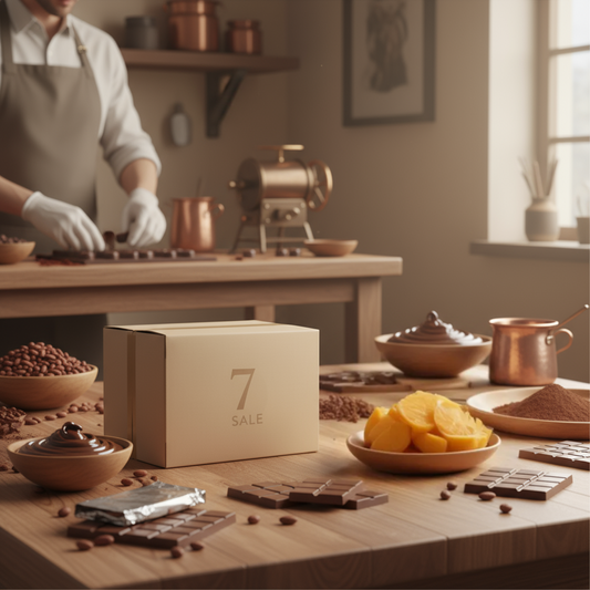 Handgemachte Schokolade und edle Pralinen aus der Confiserie, stilvoll präsentiert mit Schokoladen-Tafeln, Nüssen und Orangen neben der 7SALE Geschenkbox – beste Auswahl für Genießer, Schokoladenliebhaber und kulinarische Heimatmomente.