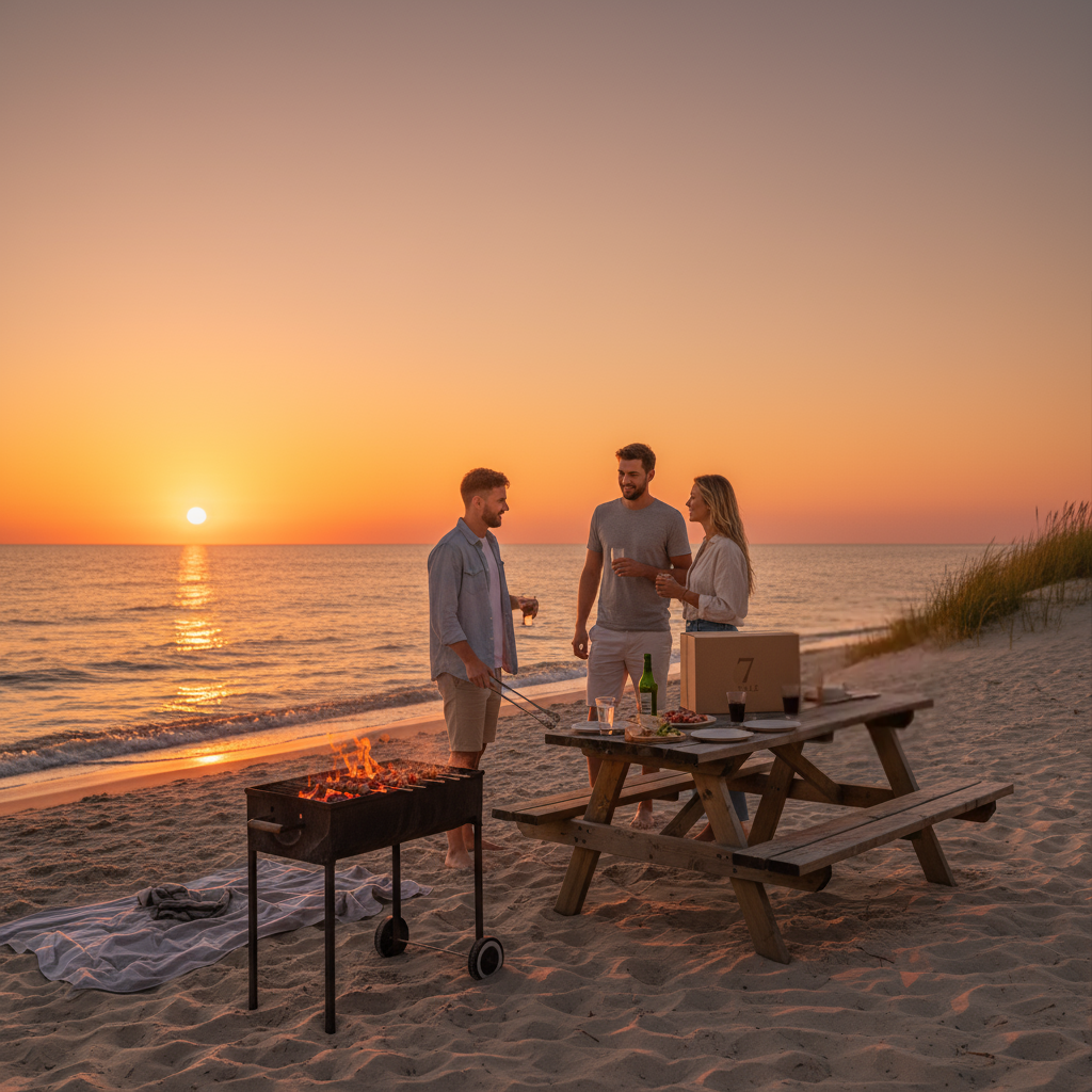 Drei Freunde genießen ein Barbecue am Strand mit Blick auf den Sonnenuntergang, 7SALE Geschenkbox und Picknicktisch, perfekte Inspiration für entspannte Sommerabende und Strandmomente mit Heimatgefühl.
