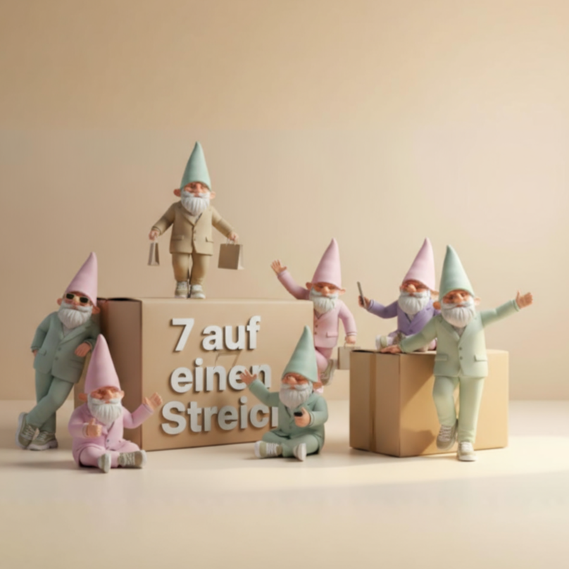 Sieben stilisierte Gartenzwerge in Pastellfarben präsentieren die Geschenkbox „7 auf einen Streich“ – kreative Zwergenfiguren als originelle Deko- und Geschenkidee für Heimatliebhaber.