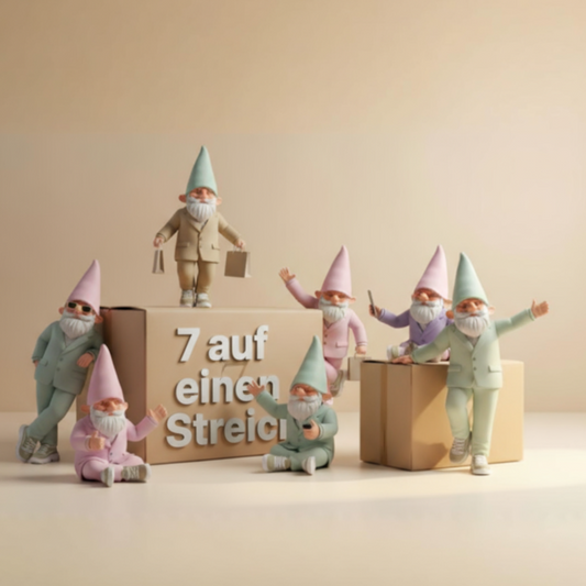 Sieben stilisierte Gartenzwerge in Pastellfarben präsentieren die Geschenkbox „7 auf einen Streich“ – kreative Zwergenfiguren als originelle Deko- und Geschenkidee für Heimatliebhaber.