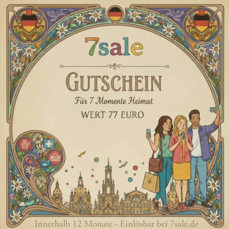 Illustrierter Gutschein im Jugendstil-Design von 7sale mit drei stehenden Personen, Städtesilhouette und Motiv Heimatmomente, Wert 77 Euro.