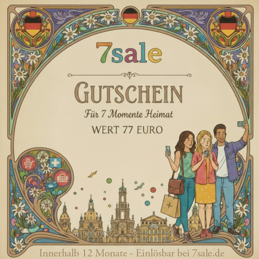 Illustrierter Gutschein im Jugendstil-Design von 7sale mit drei stehenden Personen, Städtesilhouette und Motiv Heimatmomente, Wert 77 Euro.